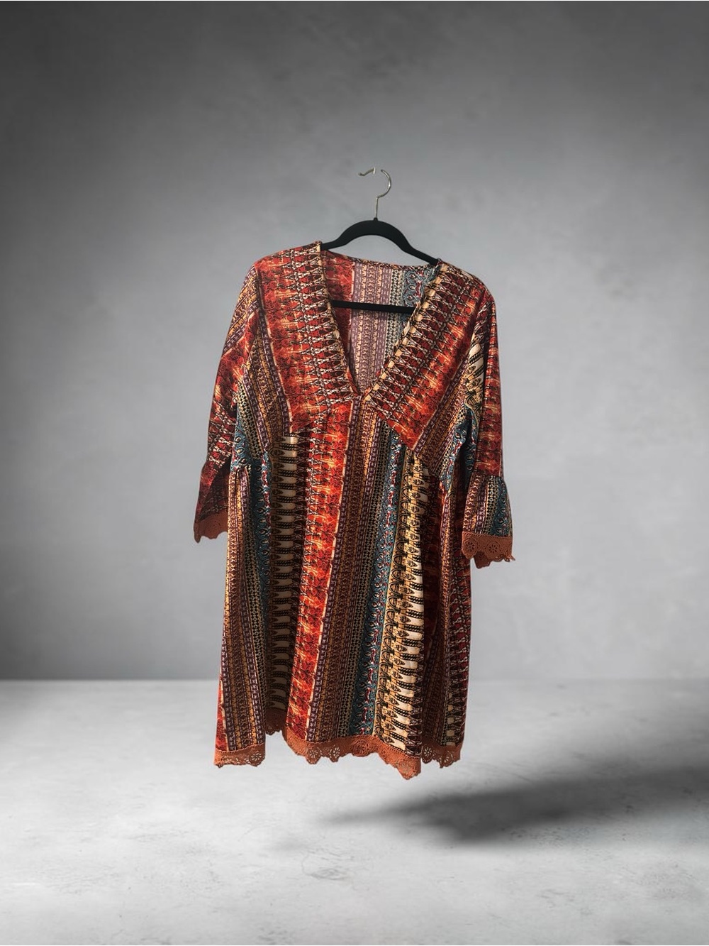 Boho Printed V-Neck Dress Crochet Lace Trim Bell Sleeve Orange Red Multicolor - Picture 2 of 9